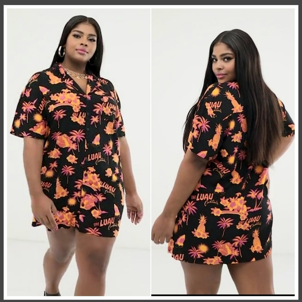 COLLUSION Hawaiian Print Camp Collar Mini Shirt Dress(Size 4) Colorful Button Up